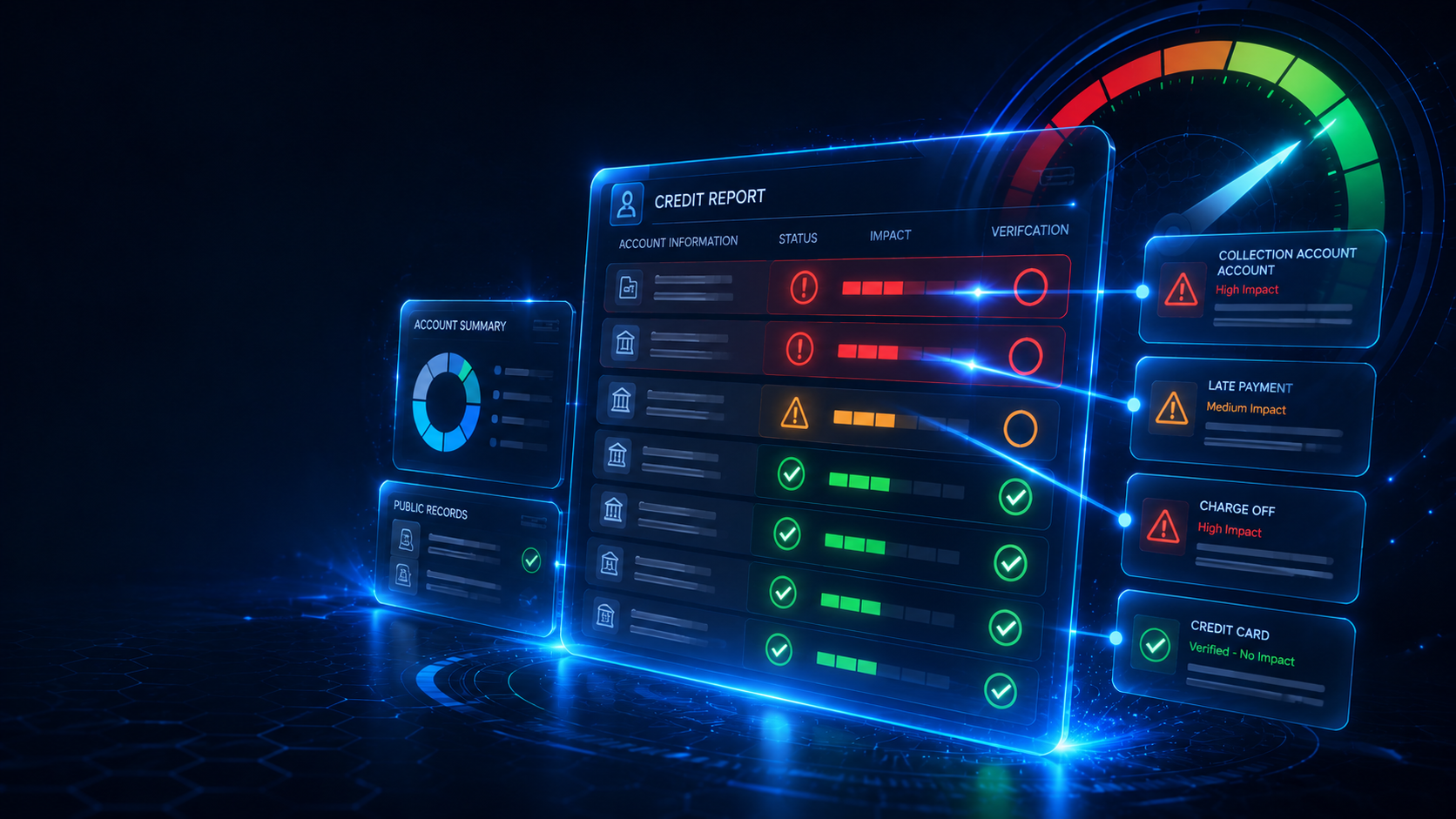 Credit report review dashboard highlighting account status, impact, and verification results