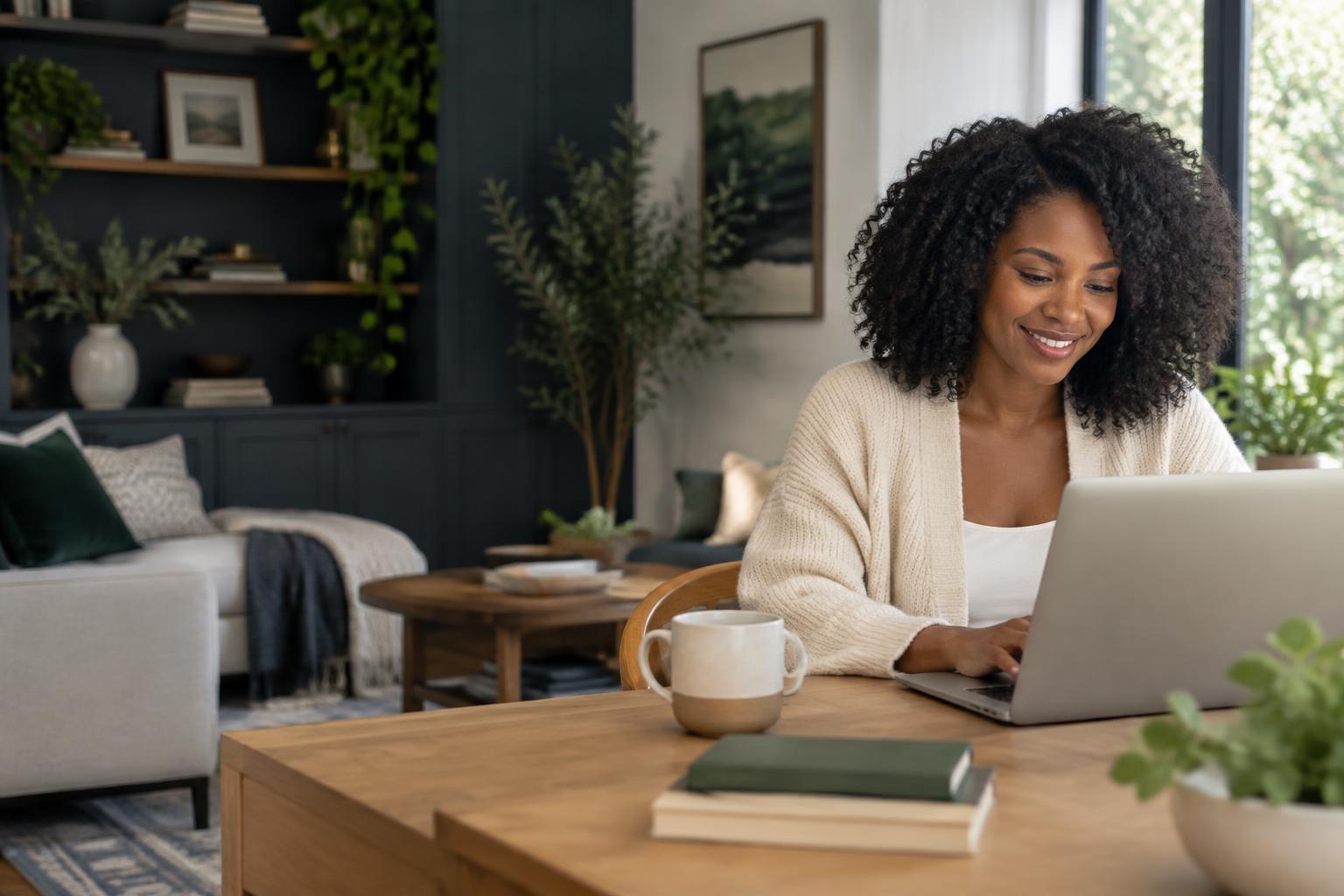 A woman reviewing information on her laptop at home