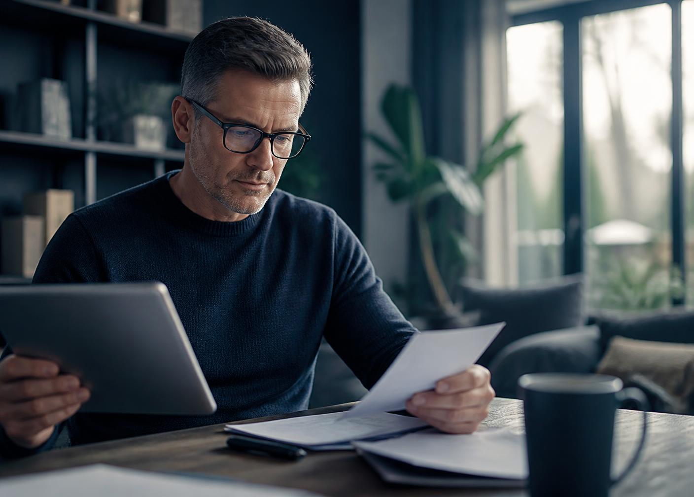 A person at home reviewing credit report documents and tracking progress on a tablet
